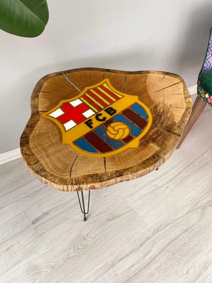 Resin FC Barcelona Oak Coffee Table, Unique Coffee Table, Live Edge Coffee Table