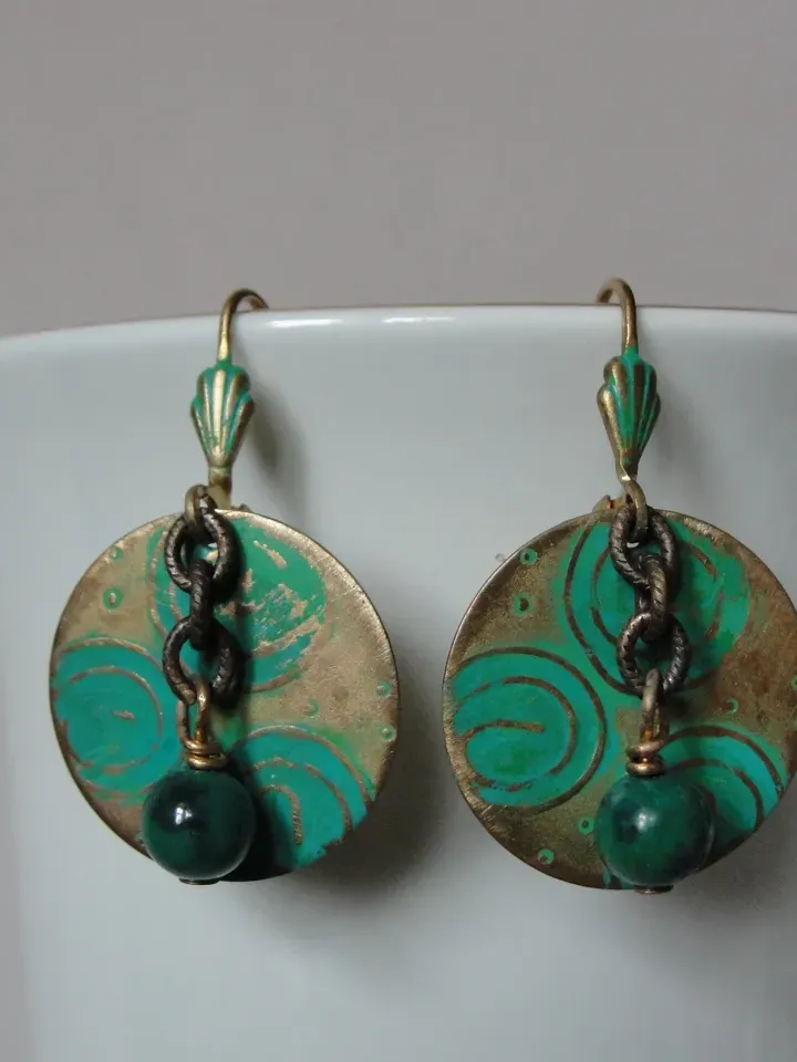 Boho Shabby chic Vintaj solid and natural brass Chrysocolla Textured patinated earrings with chain