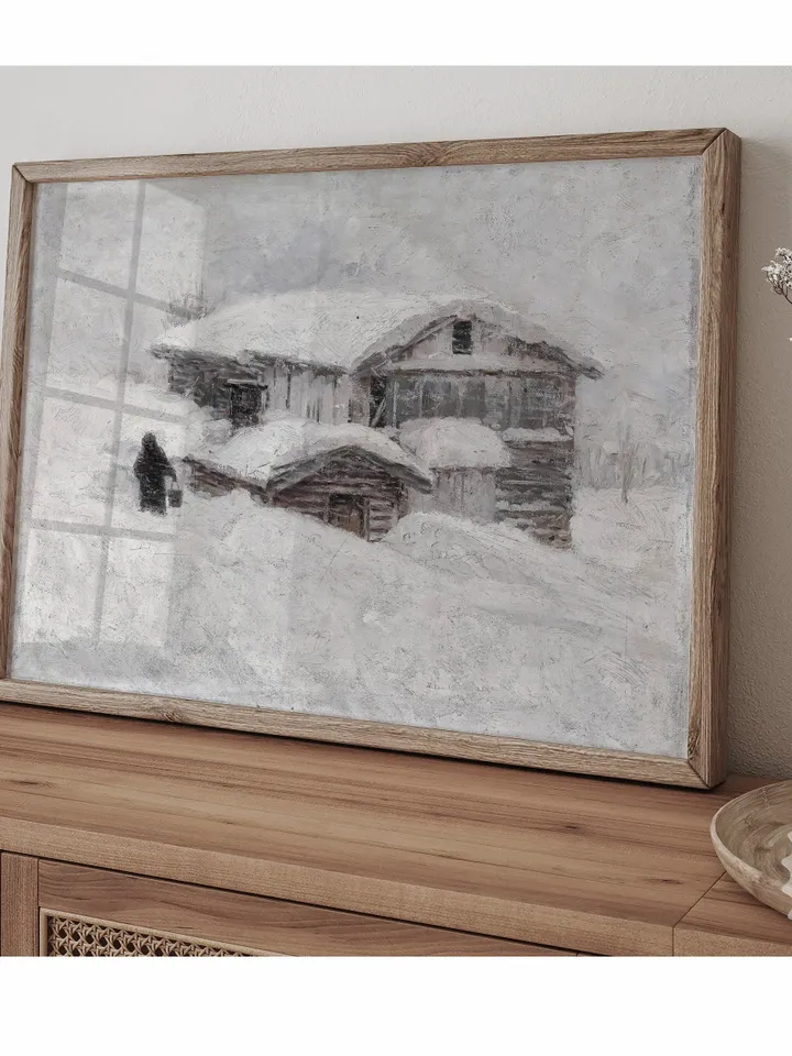 Snowy Landscape Antique Painting, Vintage Winter Printable Wall Art, Neutral Decor, Downloadable | 153