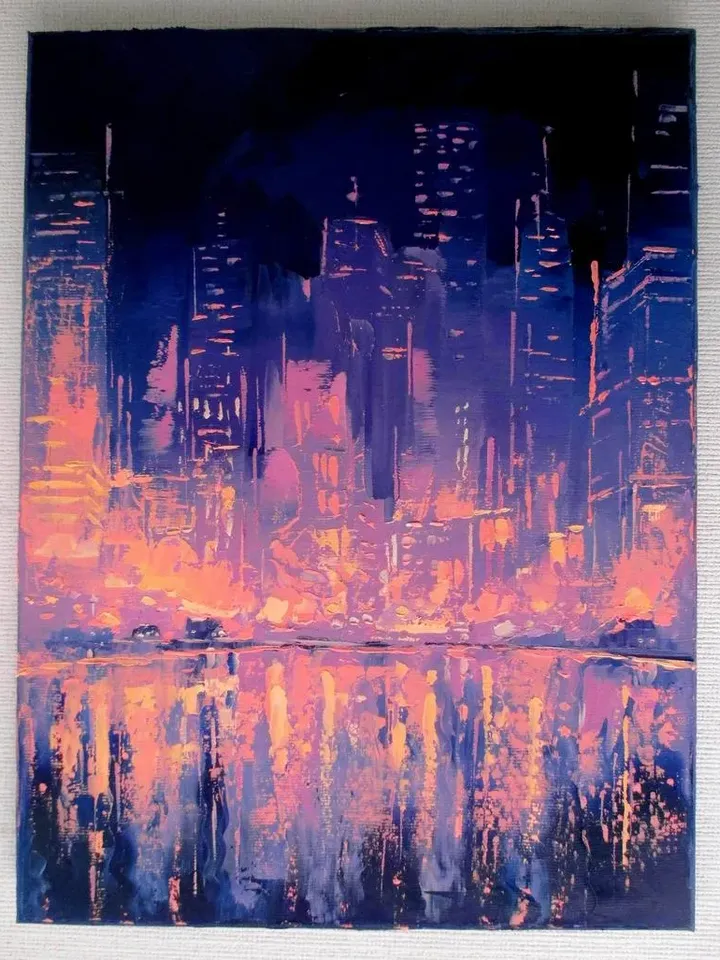 ORIGINAL OIL PAINTING on Canvas, Night City Original Painting Modern Original Art by "Walperion Paintings"