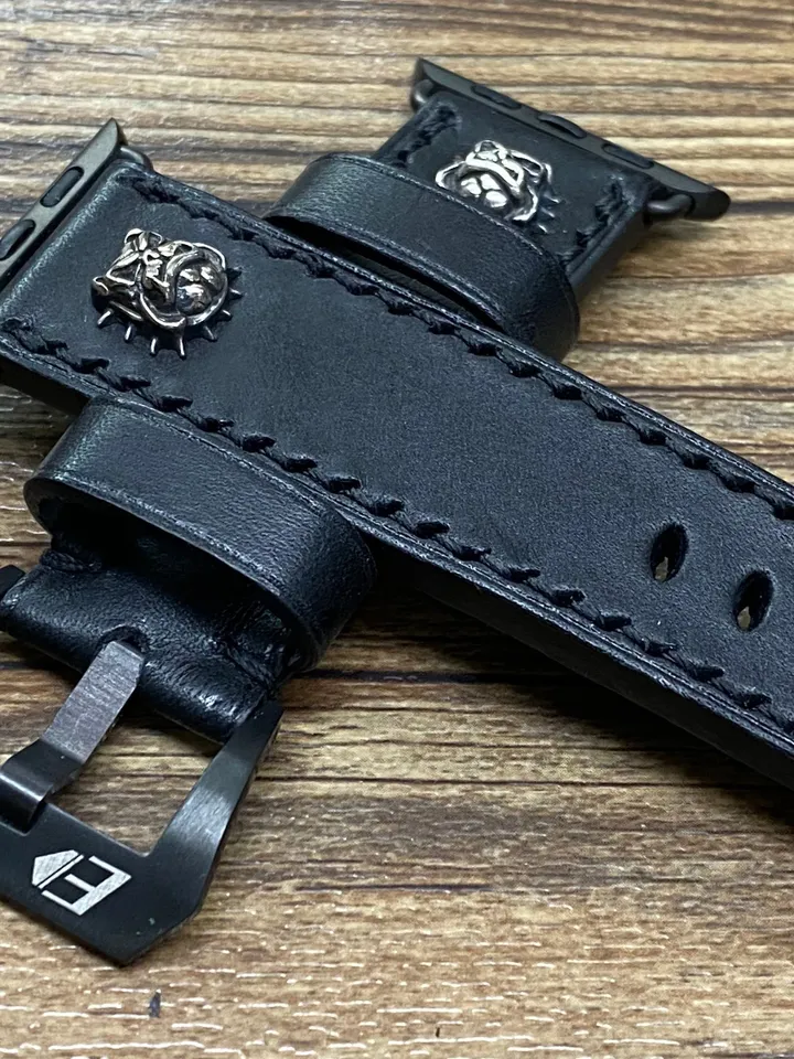 Apple Watch Bands in Black Leather for Apple Watch Series 6, Apple Watch Straps in 44mm 40mm, Bulldog Lovers Gift, Silver 925, iWatch Band