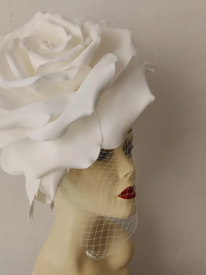 Large white rose veil Fascinator, Kentucky Derby Hat Wedding Headband, Bride 2024