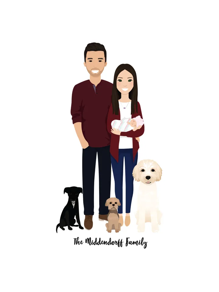 Custom family Portrait with pet, simple portrait, Family illustration