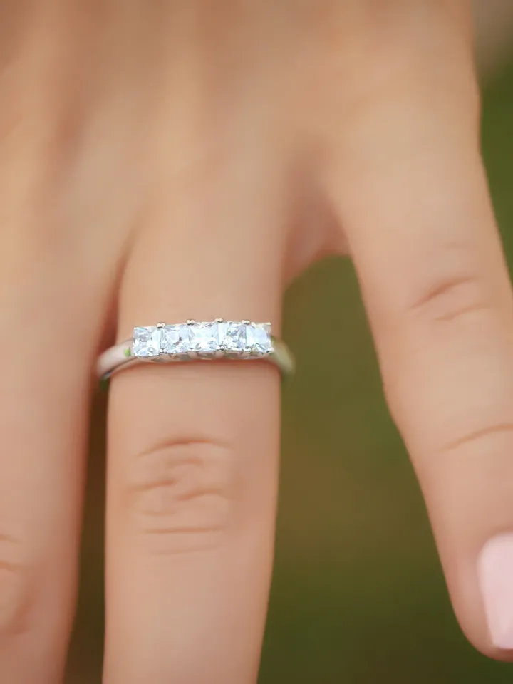 PRINCESS CUT RING | 5 Stone Diamond Ring | Princess Cut Moissanite Gold Ring |14k Solid Gold Cut Diamond Ring | Gift For Wedding