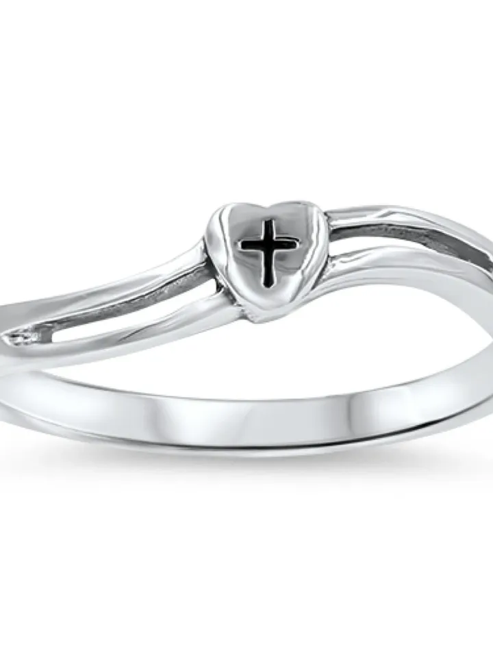 Sterling Silver Heart Cross Ring, Catholic Ring, Christian Ring, First Communion Gift, Confirmation Gift, Religious Ring, cross toe ring
