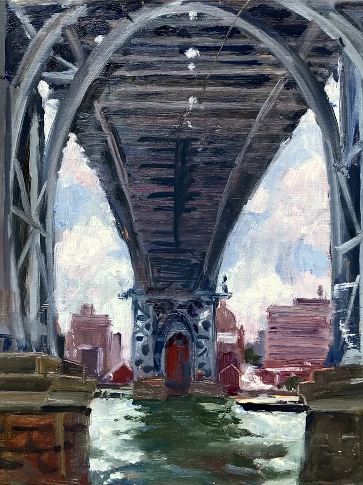 Original New York Cityscape Painting - Under the Williamsburg Bridge/NYC - 10x10 Oil on Panel, Signed Urban Impressionist Landscape