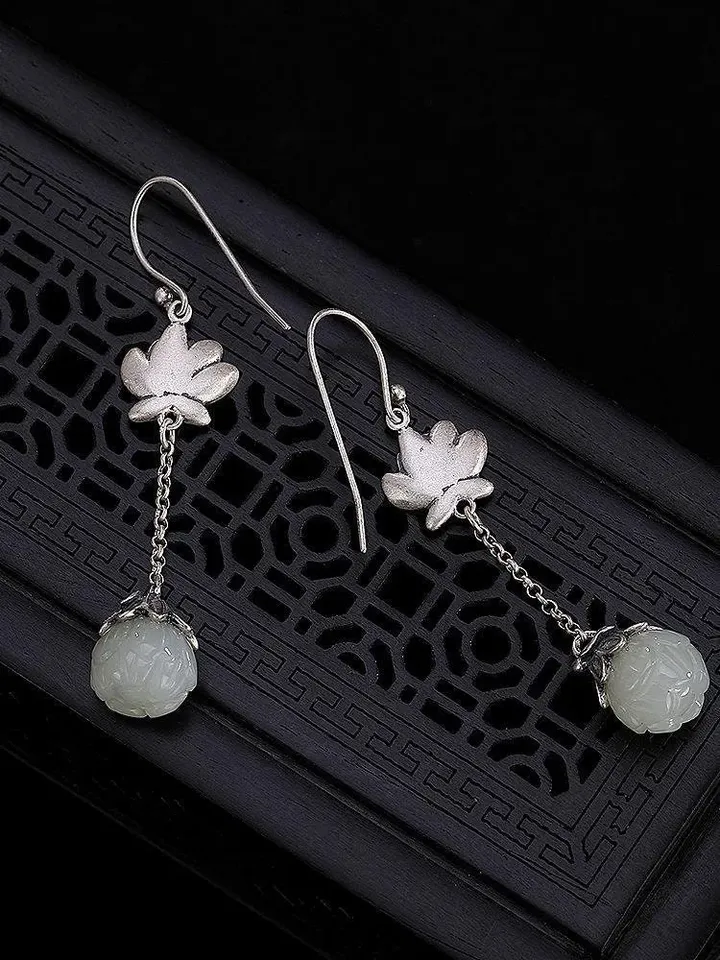 lotus flower earrings, jade lotus earrings, silver lotus earrings, lotus earrings dangle, balinese earrings, silver flower dangle earrings