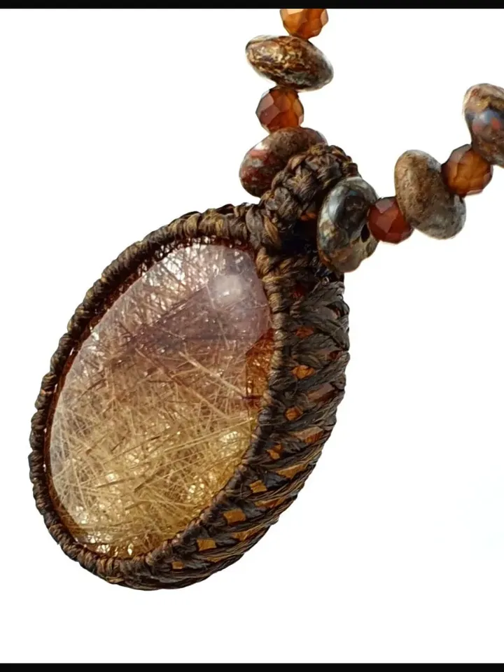 Silver Necklace with Brown Agate and Jasper Gemstone Beads and Rutilated Quartz Pendant, Rutil Quartz Handmade Necklace Gifts for