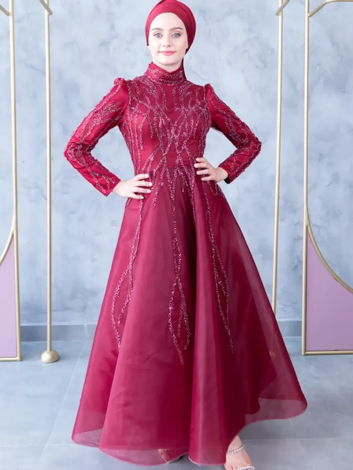 AHUNARE HIJAB - Petek Burgundy Embroidered Wedding Dress, Muslim Evening Gown, Nikah, Islamic Wedding, Engagement, Bridesmaid,
