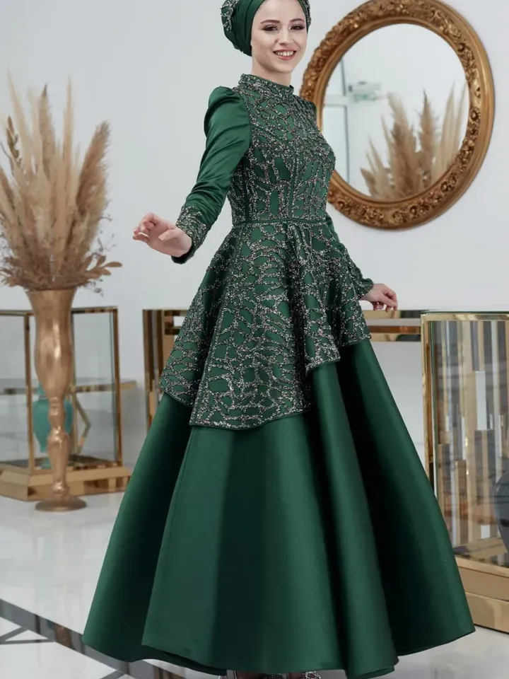 AHUNARE HIJAB - Hürrem  Green Embroidered Wedding Dress, Muslim Evening Gown, Nikah, Islamic Wedding, Engagement, Bridesmaid,