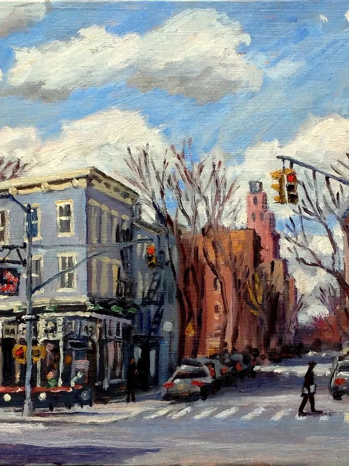 New York Cityscape Painting - White Horse Tavern/Greenwich Village/NYC- 12x19 Oil on Panel, Urban Impressionist Fine Art, Signed Original