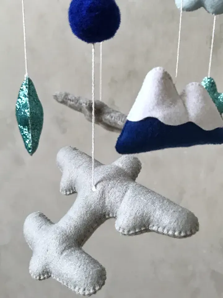 Handmade Baby Boy Mobile with Airplanes, Clouds, Stars, and Mountains - Blue and Gray Sky Themed Crib Mobile for Nursery