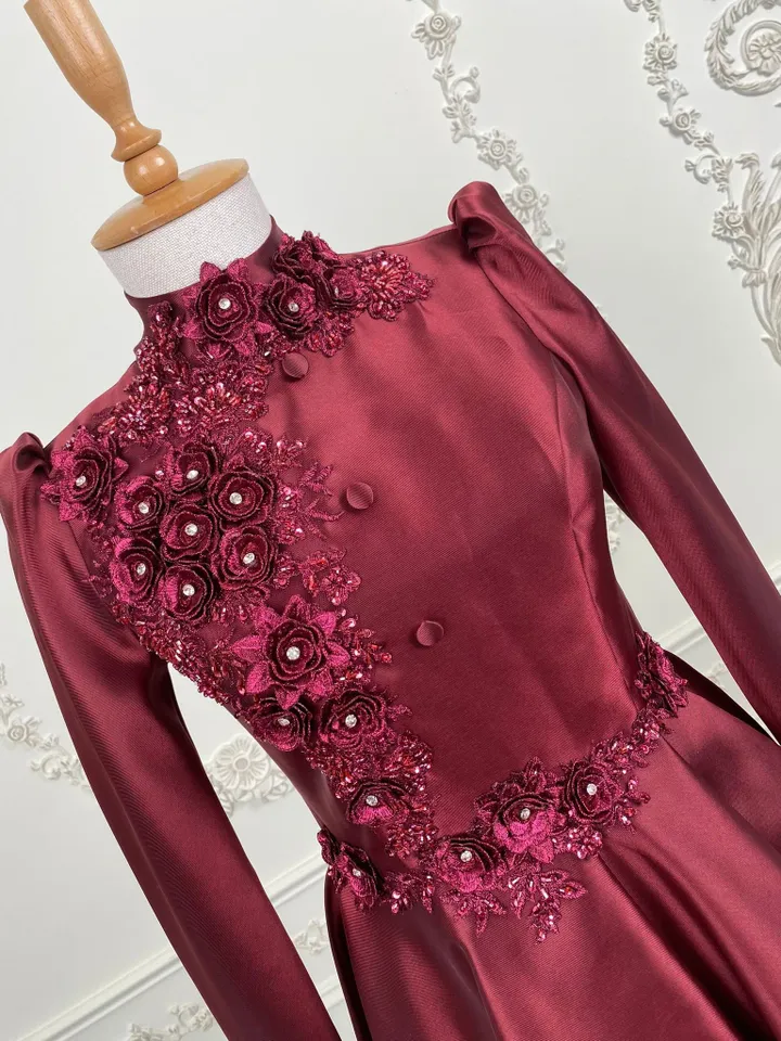 AHUNARE HIJAB - İnci Burgundy Embroidered Satin Wedding Dress, Muslim Evening Gown, Nikah, Islamic Wedding, Engagement, Bridesmaid,