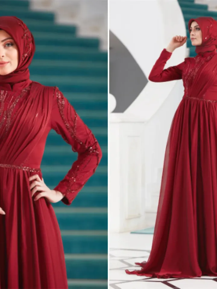 AHUNARE HIJAB - Dila Burgundy Chiffon Wedding Dress, Muslim Evening Gown, Nikah, Islamic Wedding, Engagement, Bridesmaid,