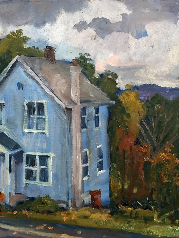 10x14 Autumn Landscape Painting - Blue House/Berkshires October- Oil on Panel, American Fine Art, Plein Air Impressionism, Signed Original