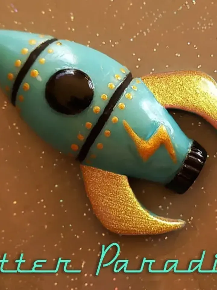 Retro Rocket Ship - Brooch - Retro Futurism - Rocket Space Ship Brooch - 50s Atomic Rocket - Retro Atomic 1950's Jewelry - Glitter Paradise®