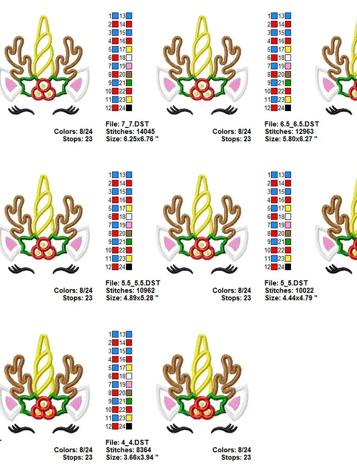 Christmas Unicorn with bow Reindeer Santa Winter Snowflake Red Poinsettia Design Applique for Machine Embroidery