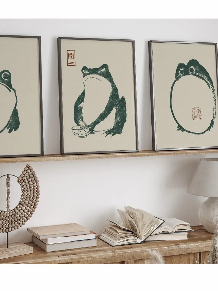Matsumoto Shoji Japanese Art Frog Print set of 3, Vintage Printable Primitive Decor, Digital Download Japandi Wall Art | 122 S3