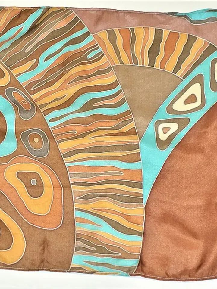Brown with turquoise silk scarf hand painted batik Small square silk scarves