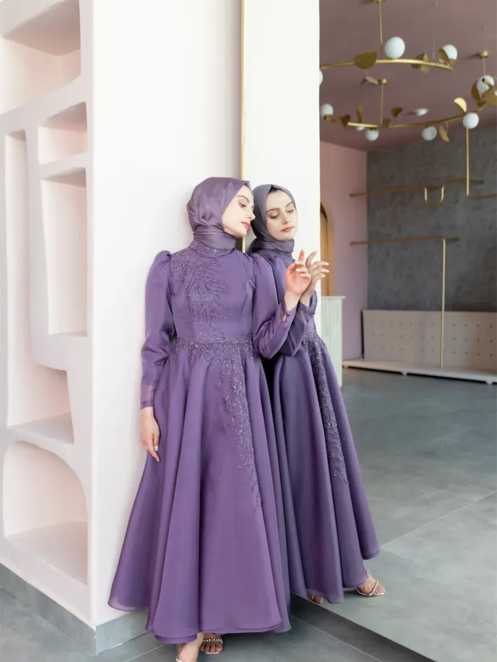 Mimoza Lilac Embroidered Ahunare Wedding Dress, Muslim Evening Gown, Nikah, Islamic Wedding, Engagement, Bridesmaid, Maxi Dress