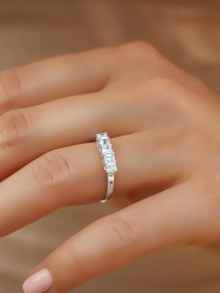 PRINCESS CUT RING | 5 Stone Diamond Ring | Princess Cut Moissanite Gold Ring |14k Solid Gold Cut Diamond Ring | Gift For Wedding