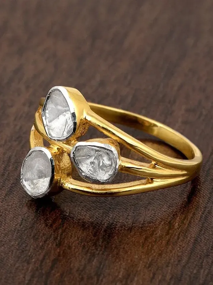 Natural Polki Diamond Ring, Uncut Polki Ring, Sterling Silver Ring, Triple Band Ring, Engagement Ring, Polki Jewelry, Handmade Ring