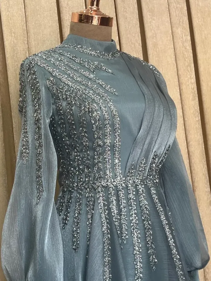 AHUNARE HIJAB - Çağla Aqua Glitter Chiffon Princess Wedding Dress, Muslim Evening Gown, Nikah, Islamic Wedding, Engagement, Bridesmaid,