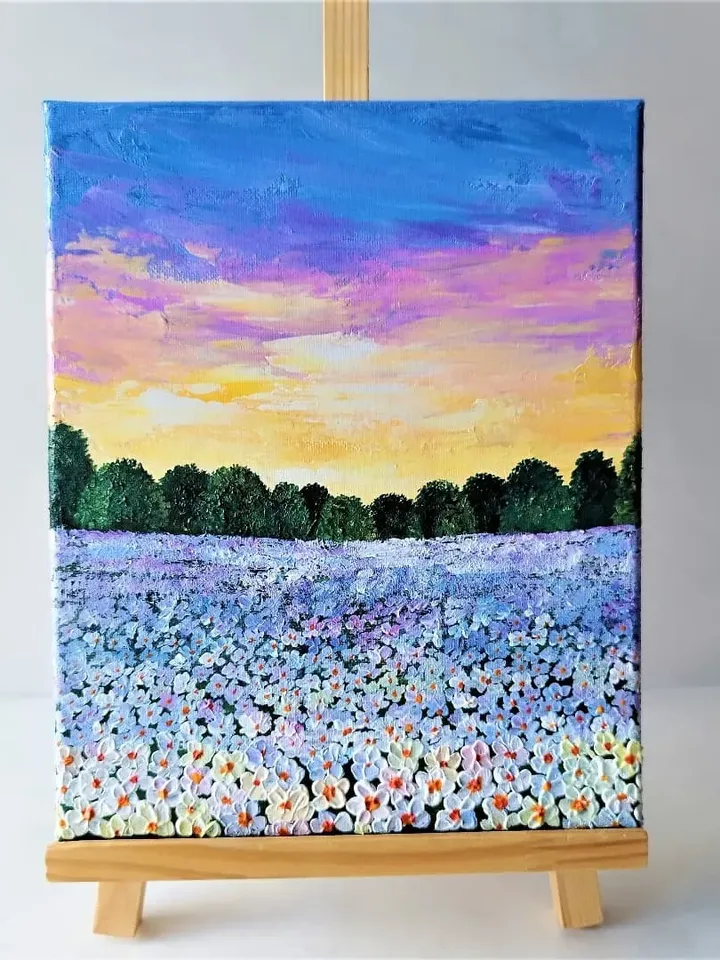 Acrylic Painting of a Sunset Landscape with White Field Flowers