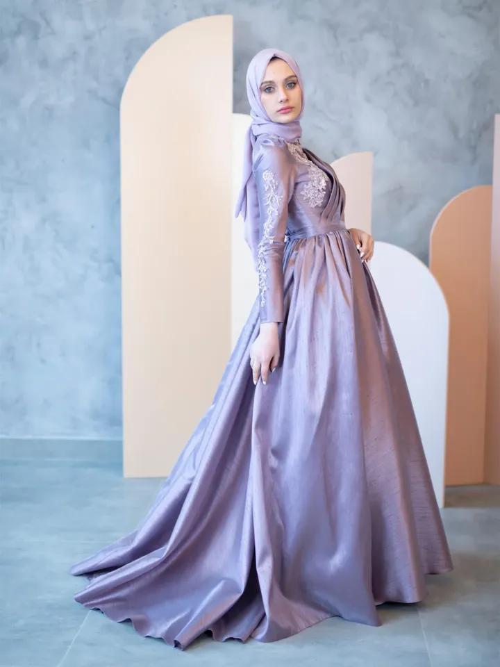 AHUNARE HIJAB - Şakayık Lilac Tefetta Wedding Dress, Muslim Evening Gown, Nikah, Islamic Wedding, Engagement, Bridesmaid,