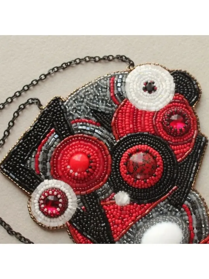 Abstract triangular beaded pendant necklace modern jewelry red black white modern Abstraction