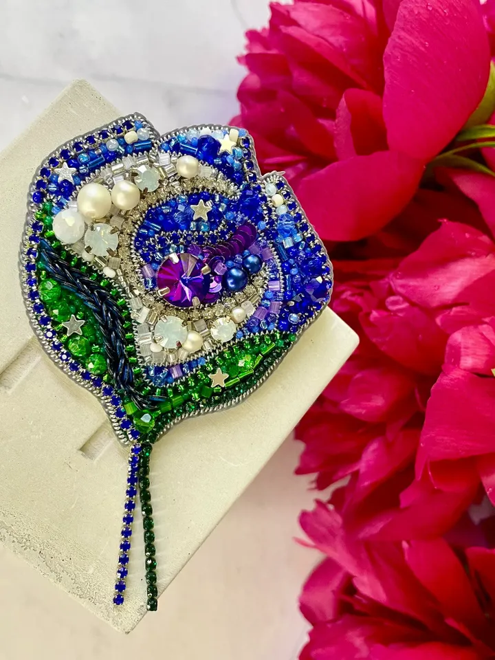 Beaded Flower Brooch, Handmade Embroidered Accessory, Pin Blossom in Blue Color with Half-moon Crescent, Moon Brooch