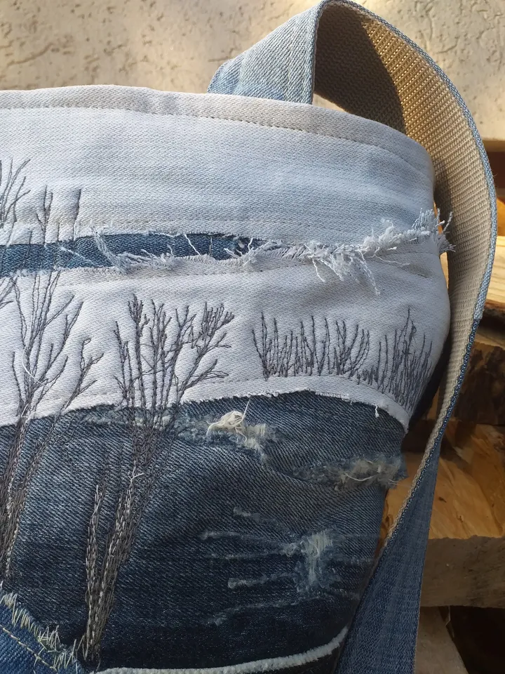 Blue denim ,jeans bag ,upcycling , Bag with winter landscape