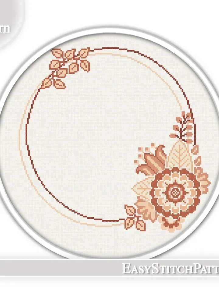 Modern cross stitch pattern. Floral Wreath cross stitch. Flower frame cross stitch. Hoop art.