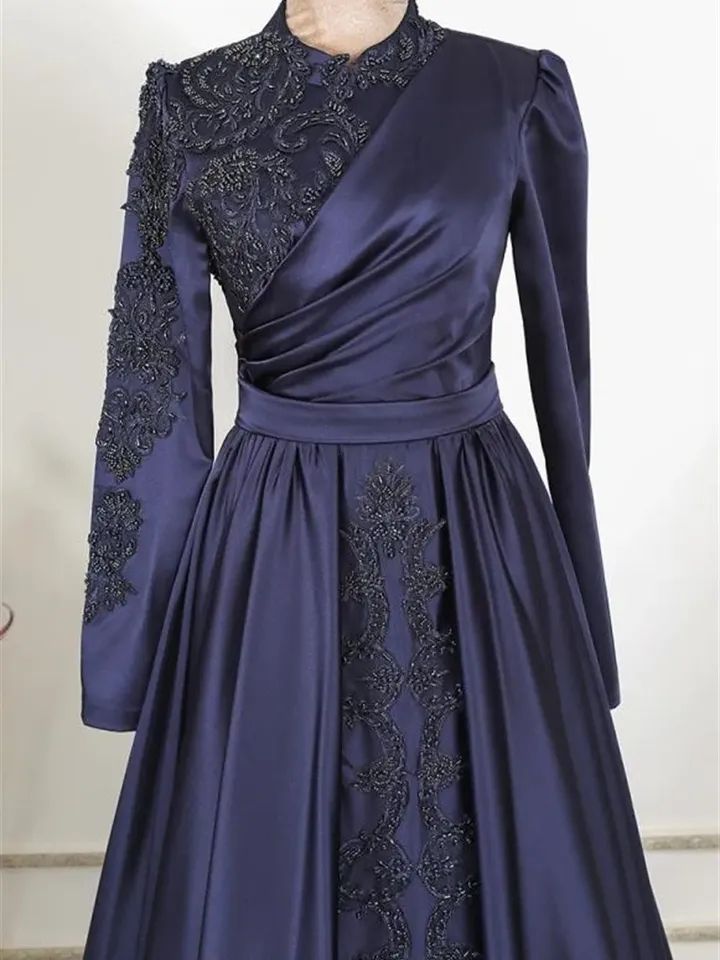 AHUNARE HIJAB - Hürrem Navy Blue Embroidered Wedding Dress, Muslim Evening Gown, Nikah, Islamic Wedding, Engagement, Bridesmaid,