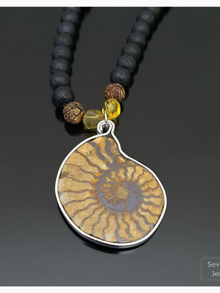 Lava Rock Necklace, Fossil Pendant, Tibetan Agate Gemstone, Citrine Beads, Gift For Bestfriend, Boho Jewellery, Gift for Men, Women, Boy