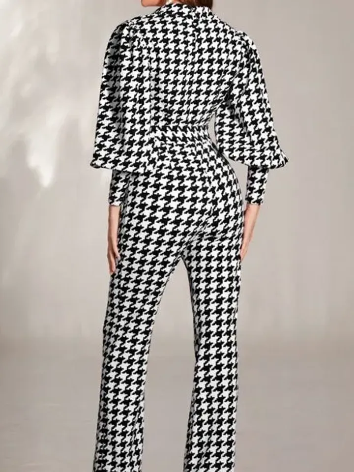 Houndstooth Print V Neck Bishop Sleeve Belted Flare Leg Jumpsuit