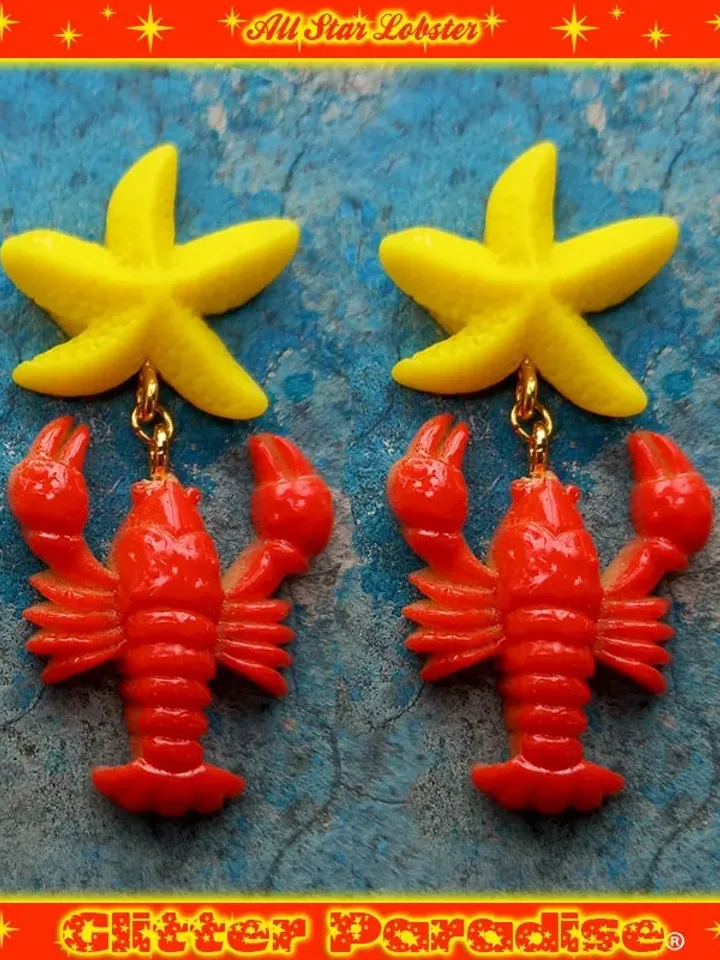All Star Lobster - Earrings - Lobster - Mermaid Earrings - Beach Mermaid Jewelry - Lobster Jewelry - Vintage Red Lobster - Glitter Paradise®