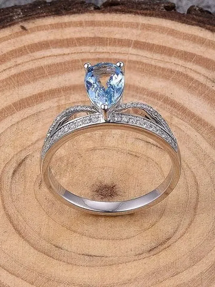 Aquamarine Ring - Pear Shape 6x9mm Aquamarine Ring in Solid 14K White Gold, Ring for Pear Cut