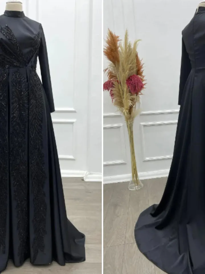 AHUNARE HIJAB - Sude Black Satin Embroidered Wedding Dress, Muslim Evening Gown, Nikah, Islamic Wedding, Engagement, Bridesmaid,