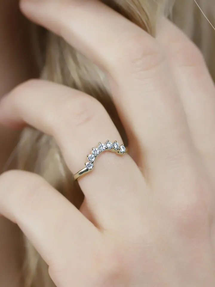 CURVED DIAMOND RING | Women Dainty Wedding Ring | 14k Solid Gold Curved Ring Band | Unique Gift For Her | Natural Diamond Wedding Ring
