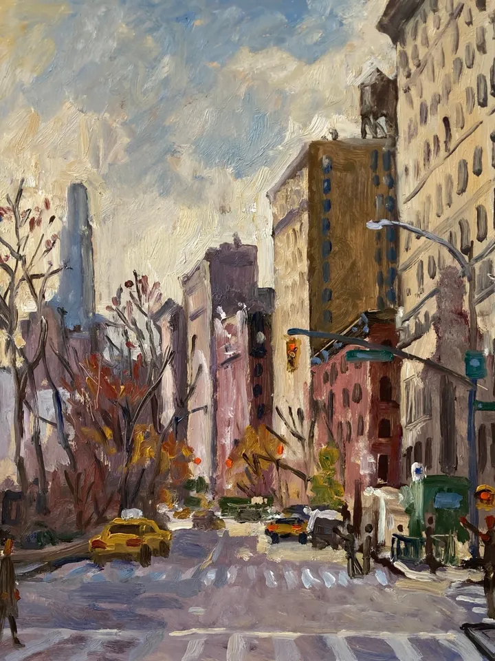 12x12 Original New York Cityscape Painting - From West 79 St and Broadway/NYC - Oil on Panel, Contemporary Fine Art, Signed Original