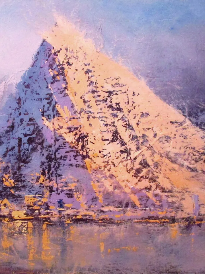 Norway Painting "LOFOTEN SNOW" Original Oil Painting on Canvas, Nordic Fjord Mountain Art by "Walperion Paintings"