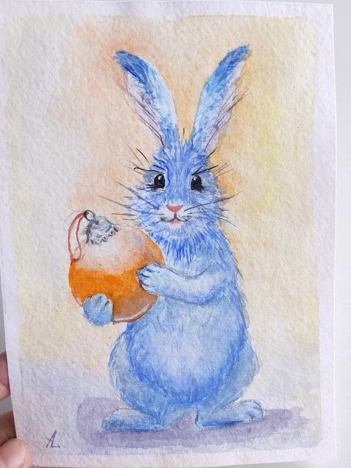 Rabbit painting original watercolor art blue Rabbit Christmas card miniature art