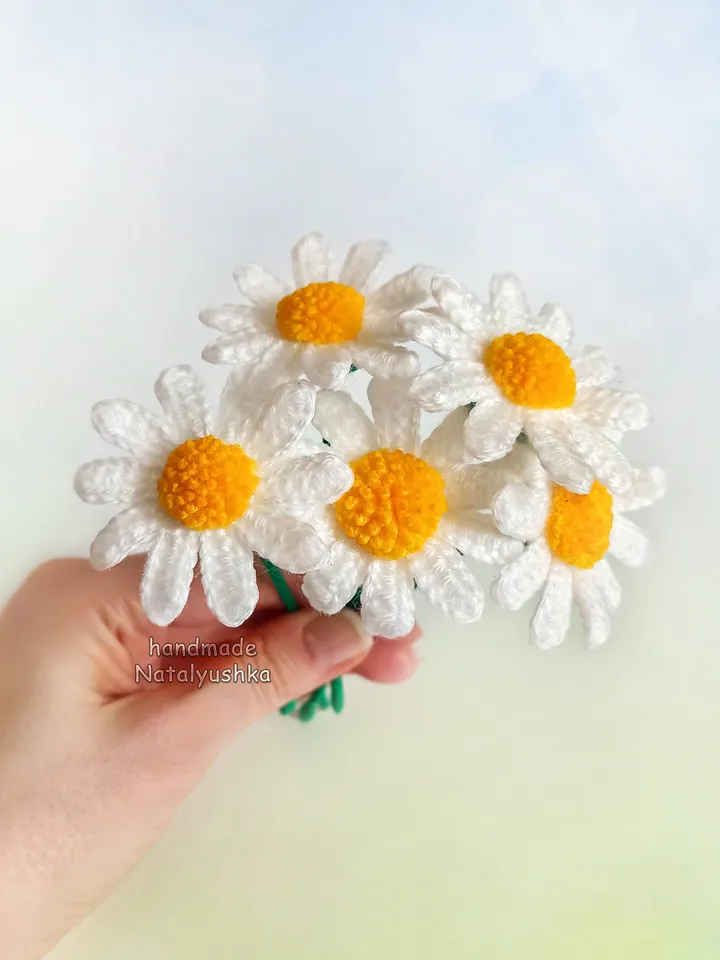 Chamomile bouquet of 5 flowers, Summer bouquet Daisy, Wildflowers, Crochet Interior flowers, Fake flower.