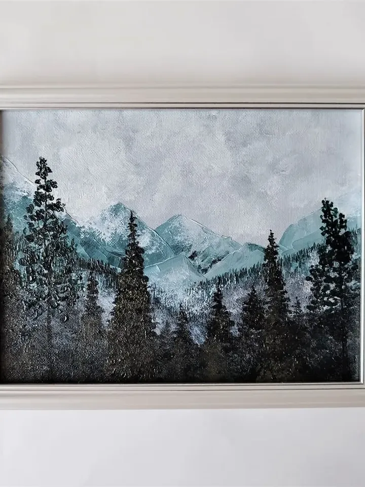 Forest Mountain Landscape Acrylic Painting Framed Art