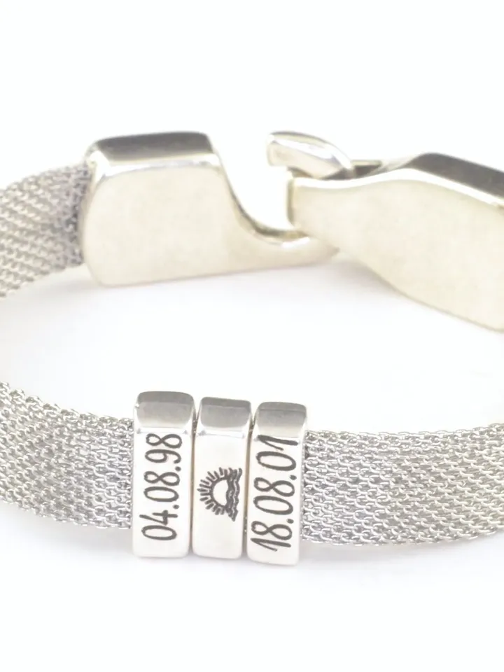 Articulated Mesh Bracelet Personalized, Silver Flat Knitted Wrap Cuff with Name Date Charms, Vintage Style Mesh Chain Engraved Bracelet