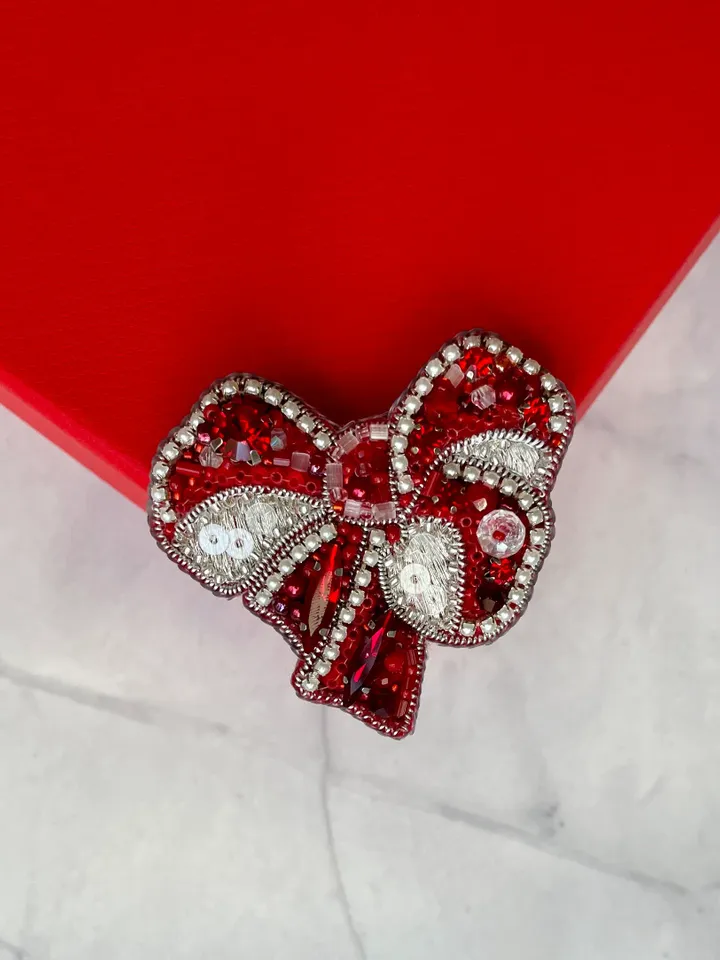 Red Bow In Silver Beaded Brooch, Handmade Embroidered Jewelry, Delicate Brooch, Pin Red, Bow Brooch, Embroidery Brooch