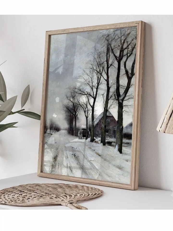 Vintage Winter Landscape With a Farm Painting, Moody Holiday Wall Decor, Printable Digital Download | 353
