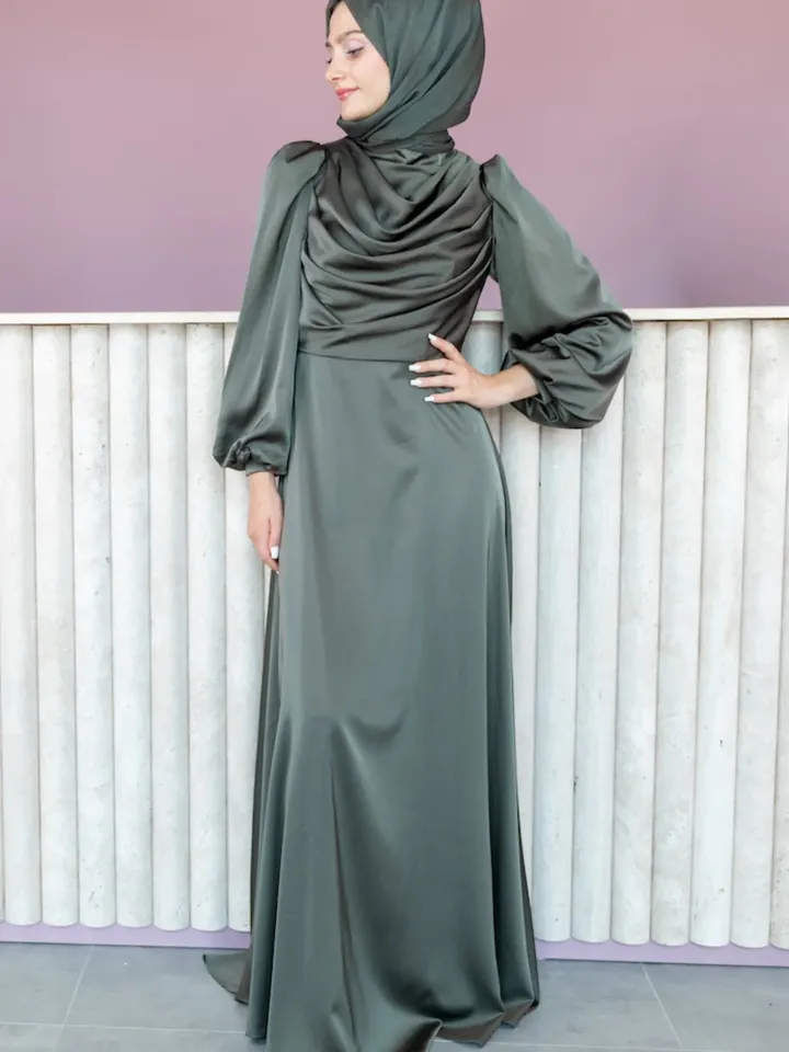 AHUNARE HIJAB - Selvi Dress, Satin Dress, Khaki Color, Muslim Evening Dress, Nikah, Wedding, Engagement, Bridesmaid, ,