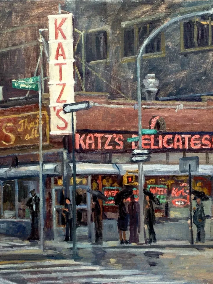 Large Original New York Cityscape Painting - Katz&#39;s Delicatessen Nocturne/NYC- Oil on Canvas, Large Impressionist Night Scene